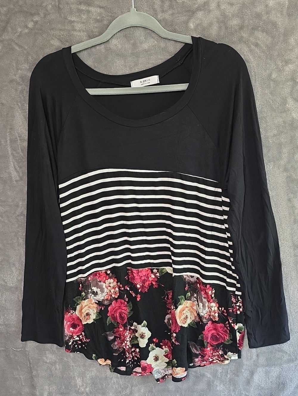 Black Long-Sleeve Striped Top with Pink Floral Hem